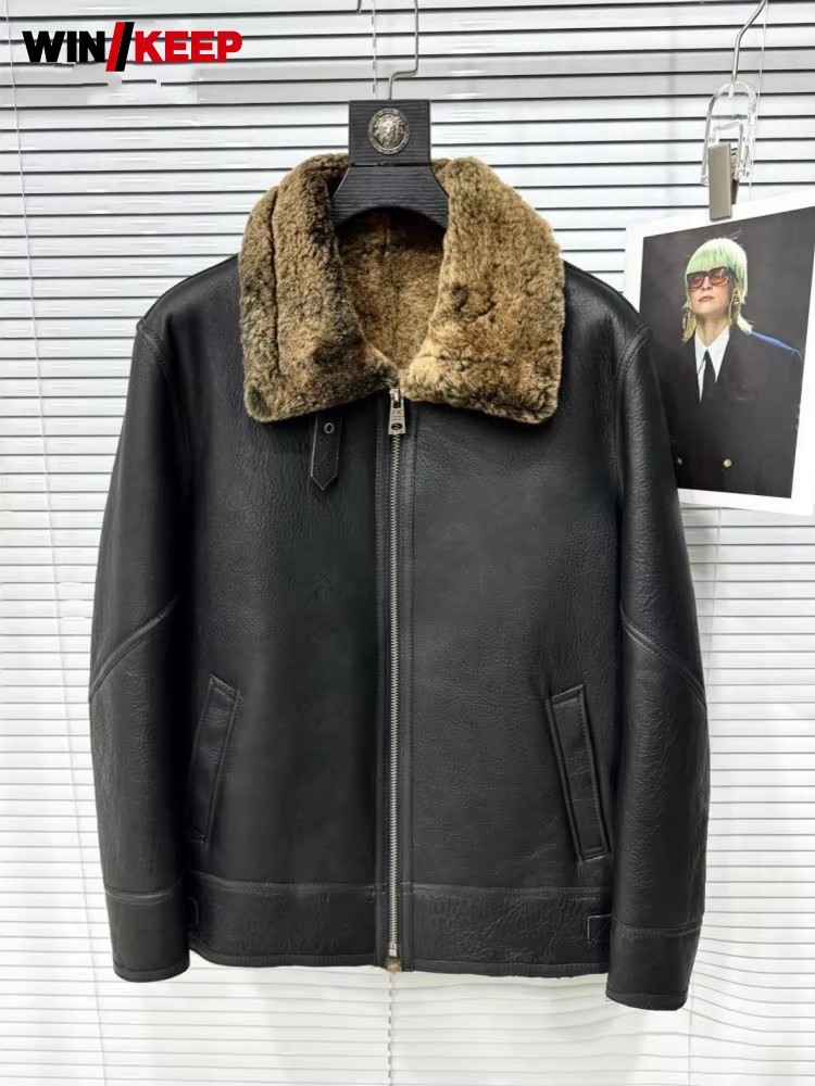 Leather Motorcycle Jacket Biker - Мужская зимняя куртка из натуральной овчины