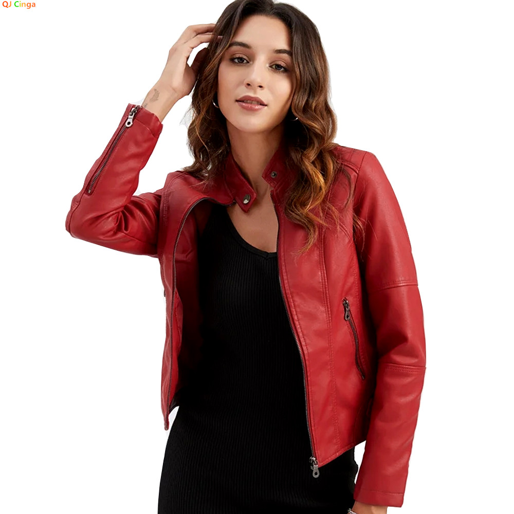 Leather Motorcycle Jacket Biker - Женская красная куртка из искусственной кожи,