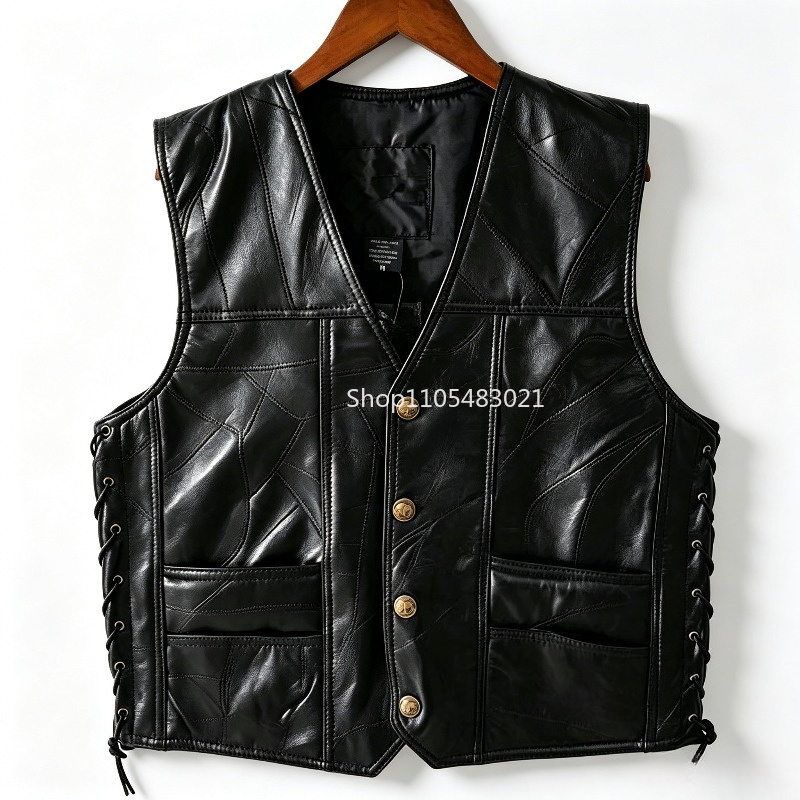Leather Motorcycle Jacket Biker - Мужской черный кожаный жилет в стиле