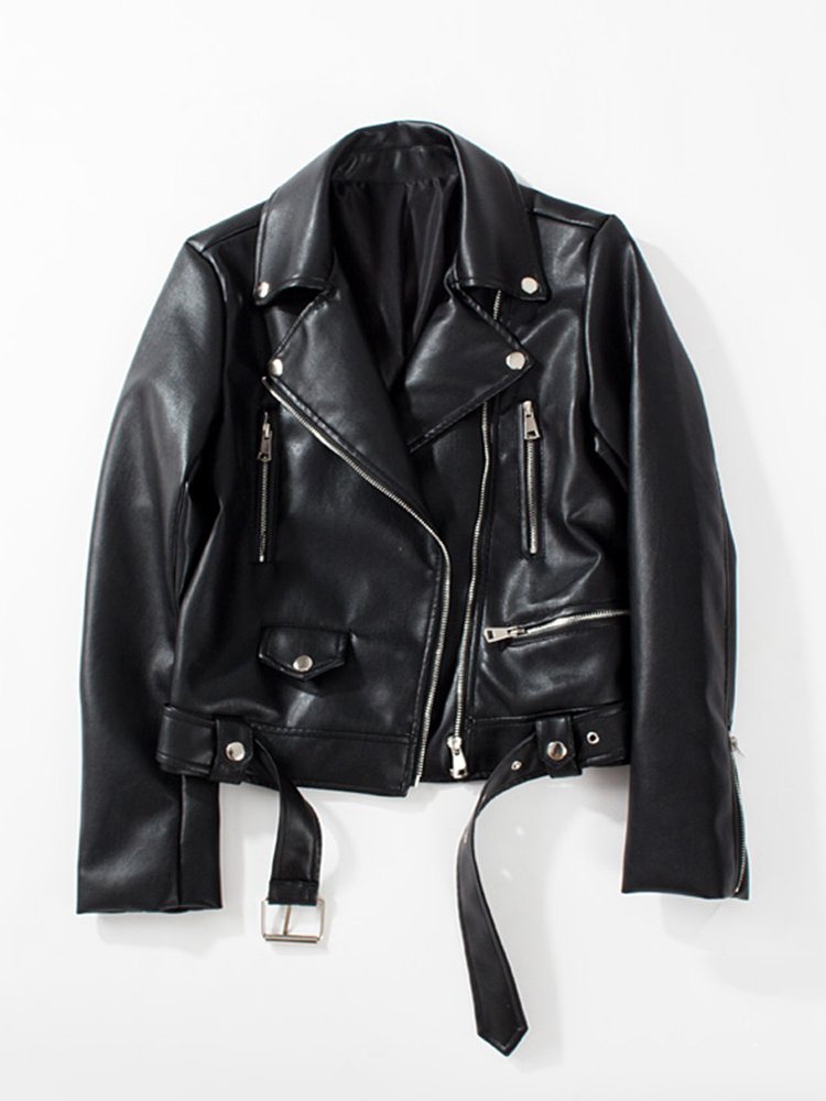 Leather Motorcycle Jacket Biker - Женская байкерская куртка Ailegogo, Черная байкерская