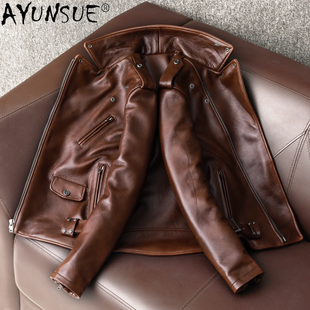 Мужская кожаная куртка AYUNSUE – обзор и цена Leather Motorcycle Jacket Biker
